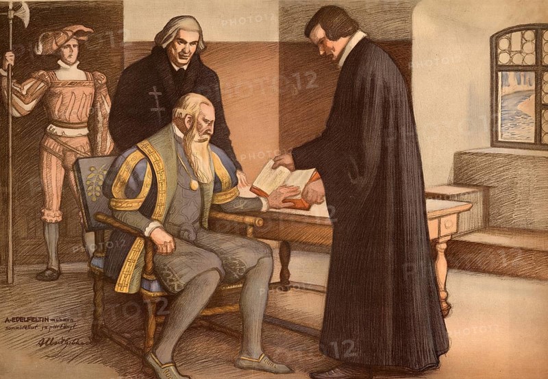 The painting shows a historical scene of the Finnish-Swedish Reformation. It depicts the Swedish King Gustav Vasa (r. 1523 - 1560) together with the reformer Mikael Agricola, who is considered the father of the Finnish written language, illustration, reproduction from a 19th century original. Authentic, file restored for optimal use, exact date of original unknown, Historical