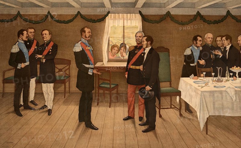 In 1863, there was a historically significant encounter between the Finnish statesman Johan Vilhelm Snellman and the Russian Emperor Alexander II, which paved the way for Finnish national identity, illustration, reproduction of a model from the 19th century. Authentic, file restored for optimal use, exact date of submission unknown, historical