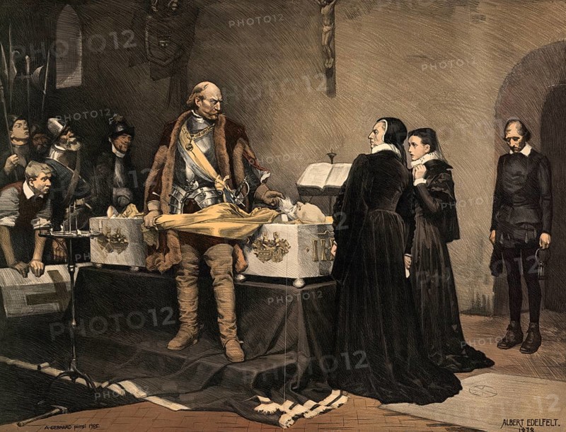 Duke Charles, King Charles IX, has his opponent Klaus Fleming open the coffin in 1598 to convince himself of the death of his arch enemy. He is said to have pulled Fleming by the beard and said: If you were alive now, your head wouldn't be safe, illustration, reproduction from a model from the 19th century. Authentic, file restored for optimal use, exact date of submission unknown, historical