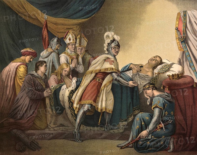 King Louis IX of France, also known as Saint Louis, died on 25 August 1270 during his second crusade (often counted as the Eighth Crusade) off Tunis of a rampant plague, probably dysentery or typhus, illustration, reproduction from a 19th century original. Authentic, file restored for optimal use, exact date of original unknown, Historical
