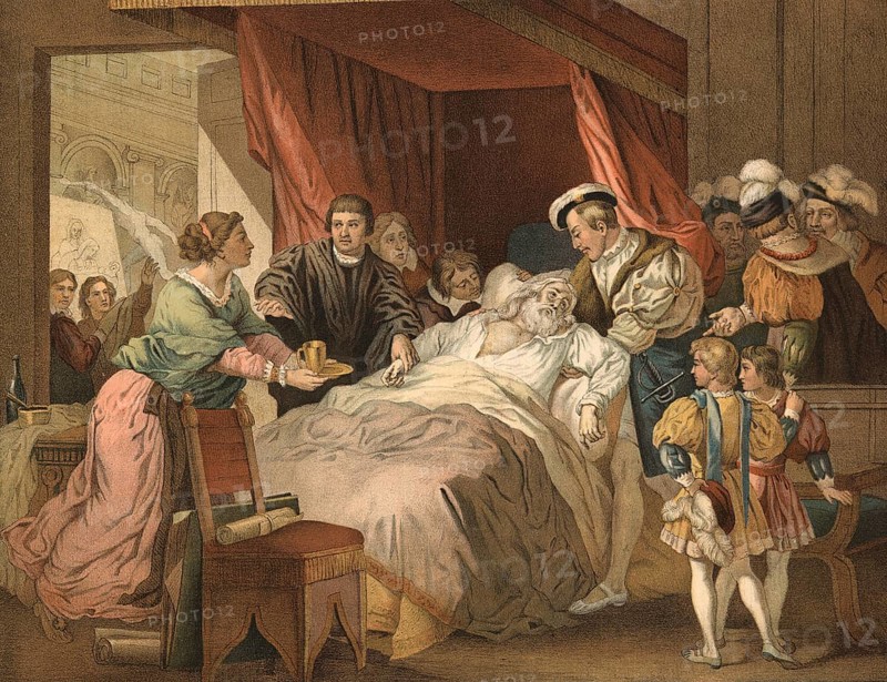The idea that King Francis I held his dying friend Leonardo da Vinci in his arms is a famous legend that became popular primarily through paintings from the 18th and 19th century. However, historically speaking, the king was not present in Amboise at the time of Leonardo's death, illustration, reproduction from a 19th-century model. Authentic, file restored for optimal use, exact date of submission unknown, historical