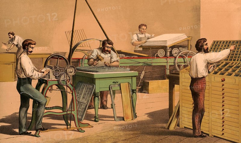 Traditional craft, printer and typesetter in a printing house around 1920, illustration, reproduction from a model from the 19th century. Authentic, file restored for optimal use, exact date of submission unknown, historical