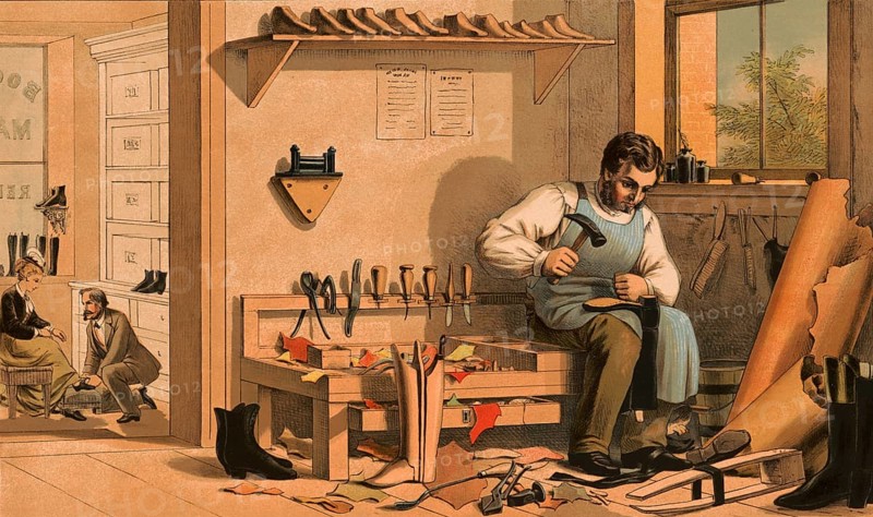 Traditional craft, Schumacher at work in his workshop, shoemaker, around 1920, illustration, reproduction from a model from the 19th century. Authentic, file restored for optimal use, exact date of submission unknown, historical