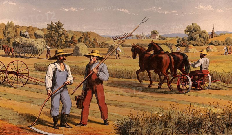 Farmers harvesting hay, around 1920, illustration, reproduction from a model from the 19th century. Authentic, file restored for optimal use, exact date of submission unknown, historical