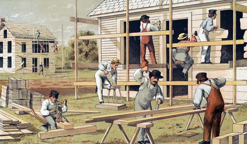 Traditional craft, carpenter, carpenter, worker on a construction site, around 1920, illustration, reproduction from a 19th century model. Authentic, file restored for optimal use, exact date of submission unknown, historical
