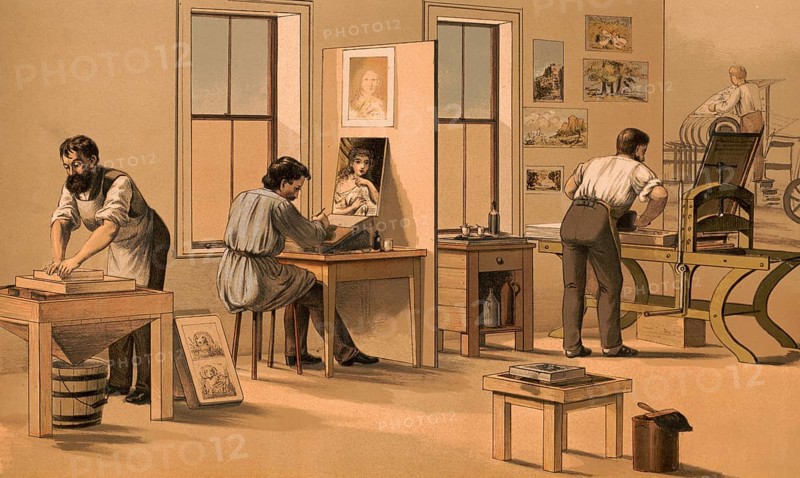 Traditional craft, lithograph, work in a lithographic company, lithographic printing process, around 1920, illustration, reproduction from a model from the 19th century. Authentic, file restored for optimal use, exact date of submission unknown, historical
