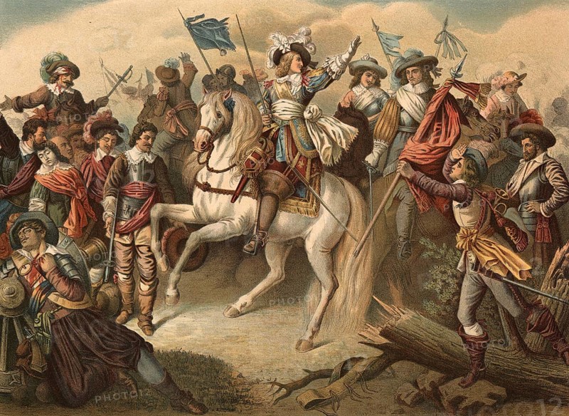 The Battle of Rocroi on May 19, 1643 was a decisive French victory during the Thirty Years' War. The Duke of Enghien led the French army to a crushing triumph over the Spanish Tercios considered invincible, illustration, reproduction from a 19th-century model. Authentic, file restored for optimal use, exact date of submission unknown, historical