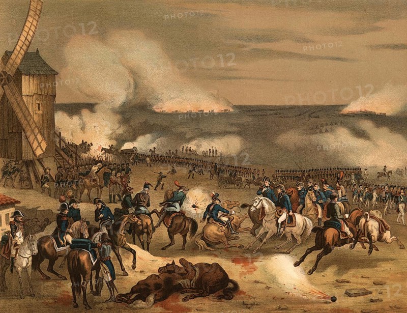 Valmy's cannonade of September 20, 1792 was an unfought battle in the First Coalition War between the Prussian contingent of the anti-French coalition and the French Revolutionary Army, illustration, reproduction of a model from the 19th century. Authentic, file restored for optimal use, exact date of submission unknown, historical
