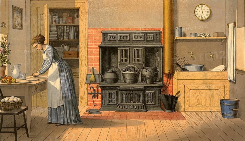 Woman in the kitchen preparing food, around 1920, illustration, reproduction from a 19th-century model. Authentic, file restored for optimal use, exact date of submission unknown, historical