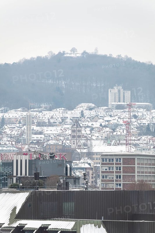 March 18, 2018, winter view with snow toward Mount Scherbelino from main station tower, Stuttgart, Baden-Württemberg, Germany