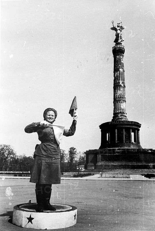 Soviet traffic policewoman at the Victory Column, Berlin May 1945