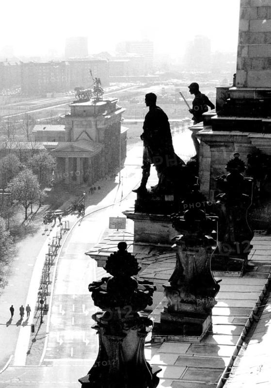 View from the Reichstag from the perspective of the famous flag painting by J. Chaldej, 1994 Berlin, Germany