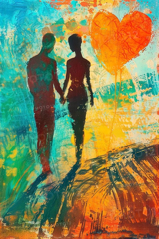 Couple walking hand in hand in a love silhouette, Painting like composition, AI generated