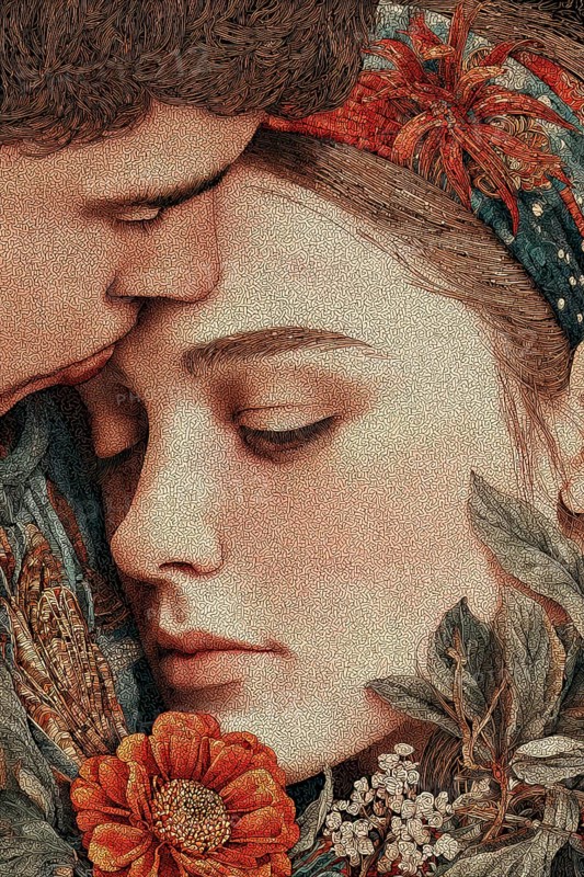 Couple in a romantic embracement, Painting like composition, AI generated