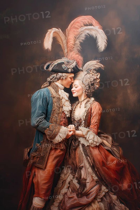 Couple dressed in French style gown in a romantic embrace, Painting like composition, AI generated