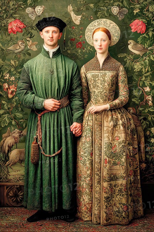 Renaissance couple in a romantic embrace, Painting like composition, AI generated