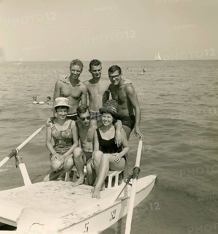 Historical photo summer 1961, tourists, beach, Rimini, Italy