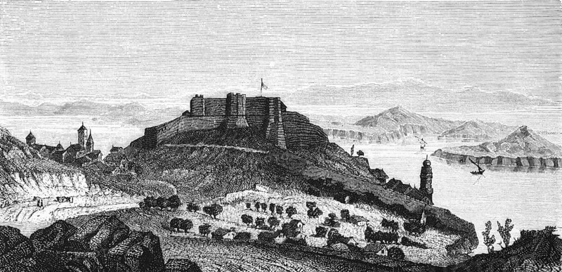 Fort San Giovanni near Sebenico or Šibenik, Croatia, Dalmatian coast, Mediterranean Sea, fortress, hill, mountaintop, islands, mountains, agriculture, fields, wonders of the earth, biology, geography, historical illustration 1863
