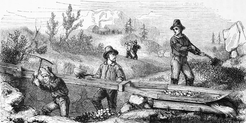 Gold seekers mining, USA, hilly landscape, mineral resources, precious metal, tools, hoe and shovel, river, stones and soil washing, wooden construction, search, dream of wealth, men, work, luck, gold rush, California, factory, building, firs, nature, wonders of the earth, biology, geography, historical illustration 1863