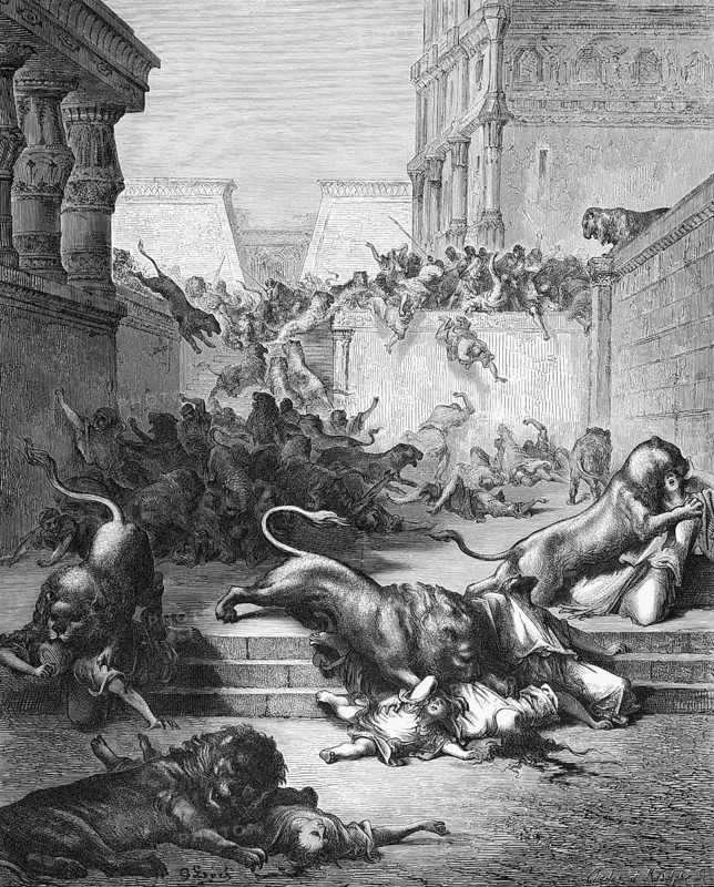 The king of Assyria resettled entire peoples, they took possession of the area of Samaria, strangers in Samaria are strangled by lions, Bible, Old Testament, Second Book of Kings, chapter 17, verse 25, resettlement, possession, law, order, lawless, people, Israel, reference to the present, strangle, cruelty, in the open, eat, kill, humanity, historical illustration