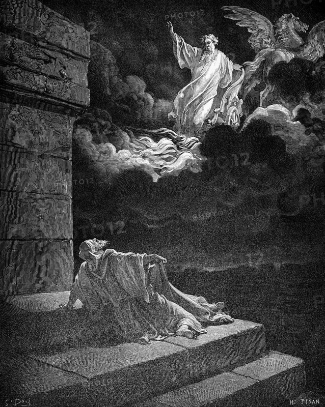 God brings Elijah to heaven, Elijah rides in a chariot of fire, Bible, Old Testament, Second Book of Kings, chapter 2, verse 11, dark sky, steps, sitting, winged horse, raised arm, calling, driving, magnificent chariot, Elias looking up, historical illustration