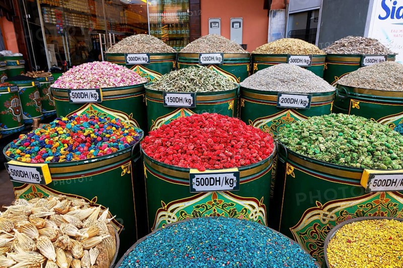 Sales stand selling spices and herbs at a market in Marrakech, historic old town, Medina, UNESCO World Heritage Site, Morocco