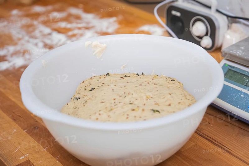 A bowl of risen dough on a wooden table, baking rolls, Haselstaller Hof, Gechingen, Germany