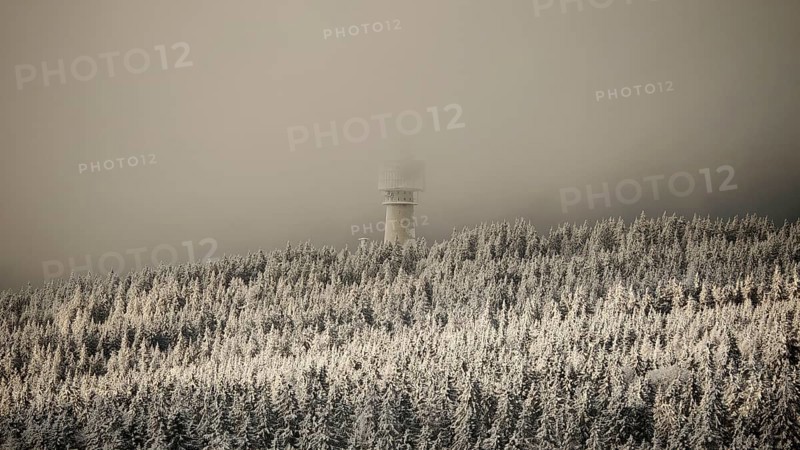 A snow-covered forest with a tower in thick fog, wintry and mystical, view from Nusshardt towards Bacöfele Schneeberg, Fichtelgebirge, Germany