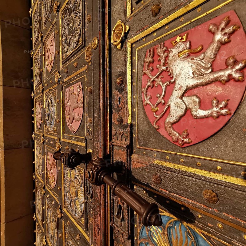 Wooden door of a church, Basilica of St. Peter and Paul, Prague, Czech Republic