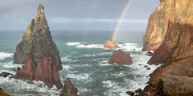 Sunset, rainbow at sea, volcanic peninsula, Ponta de São Lourenço, Ponta de Sao Lourenco, rocky coast, Punta de San Lorenzo, Madeira, Portugal