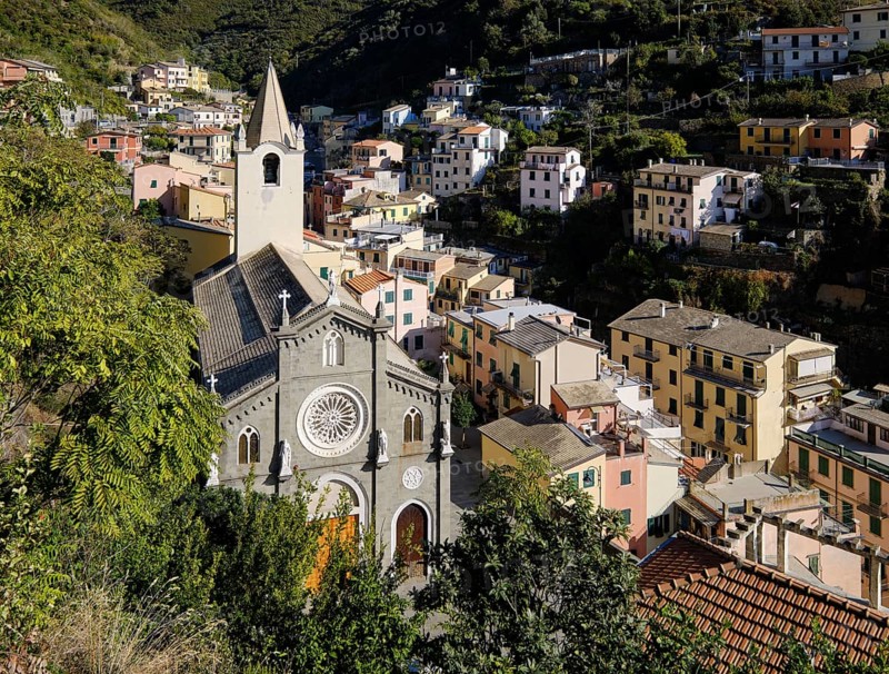 View of picturesque village of Riomaggiore with church and colorful houses in a green, hilly landscape, Cinque Terre, La Spezia province, Liguria, Italy