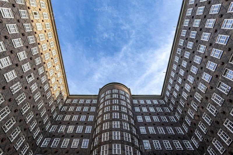View of the sky in the courtyard of the Chilehaus in the Kontorhausviertel, Hamburg, Germany