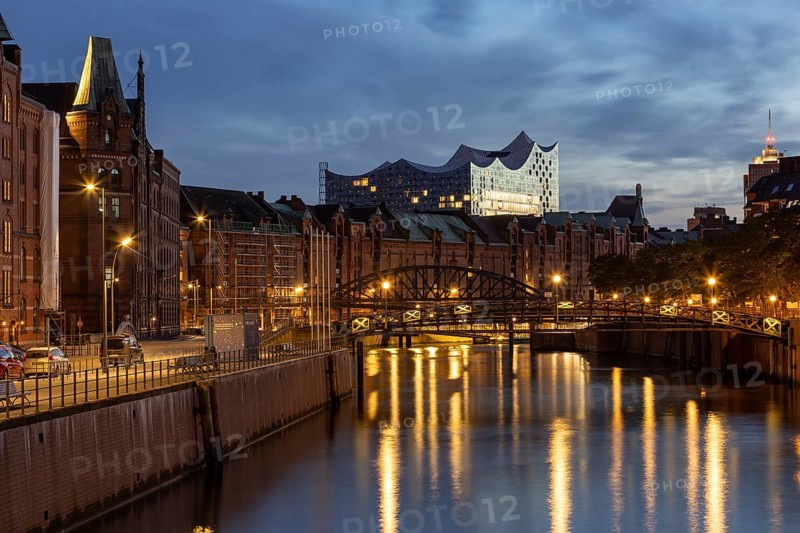 View from Speicherstadt to the Elbe Philharmonic Hall at the blue hour, Hamburg, Germany