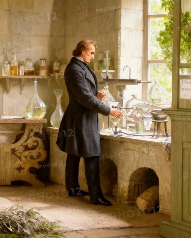 Justus Freiherr von Liebig, German chemist and scientist, digitally edited, in his laboratory at Gießen, Hesse, Germany