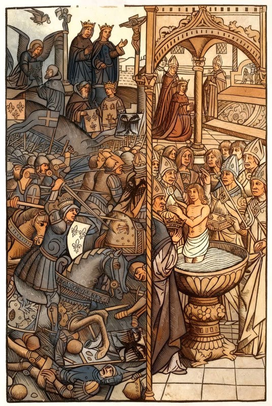 Clovis, Chlodovechus, Chlodwig I, Chlodowech, 466-511, King of the Franks of the Merovingian dynasty, at the Battle of Tolbiac, and his Baptism by Saint Remigius, cathedral of Reims, 496