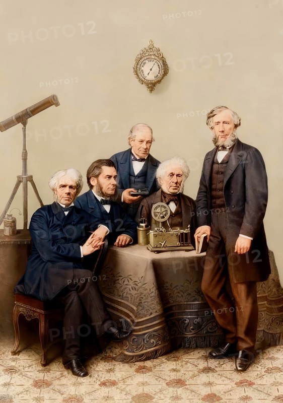 Scientists of the 19th century, (left to right): Michael Faraday, Thomas Henry Huxley, Charles Wheatstone, David Brewster, John Tyndall, 1876