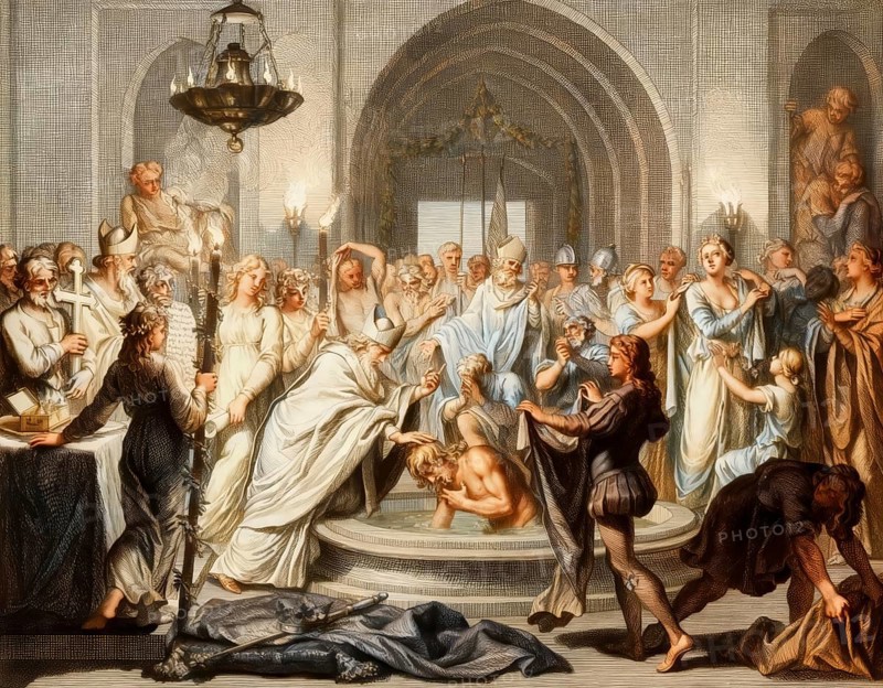 Baptism of Clovis by Saint Remigius, cathedral of Reims, 496, Clovis, Chlodovechus, Chlodwig I, Chlodowech, 466-511, King of the Franks of the Merovingian dynasty