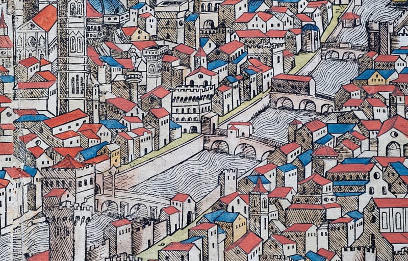 Old town of Florence or Florencia with river Arno, colored woodcut from: Nuremberg Chronicle or Schedel World Chronicle, Hartmann Schedel 1493