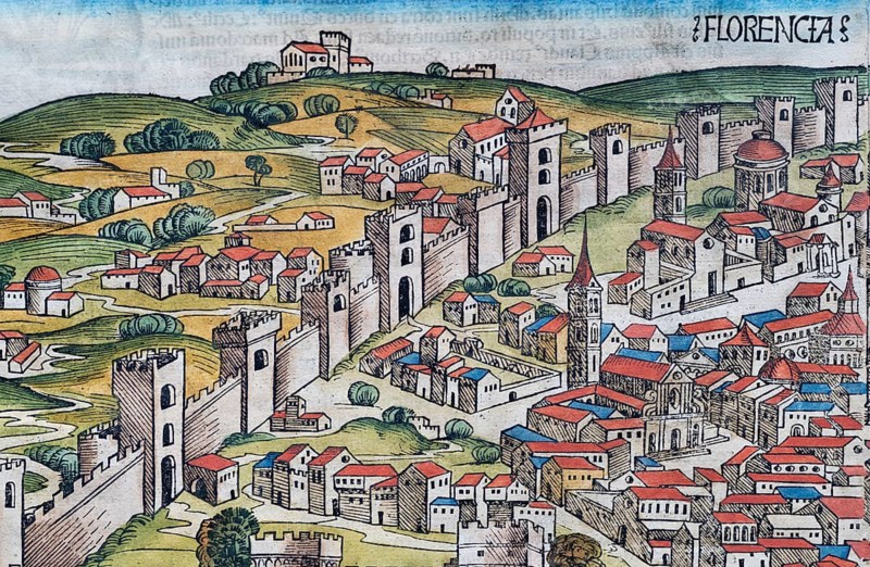 City wall of Florence or Florencia, colored woodcut from: Nuremberg Chronicle or Schedel's World Chronicle, Hartmann Schedel 1493