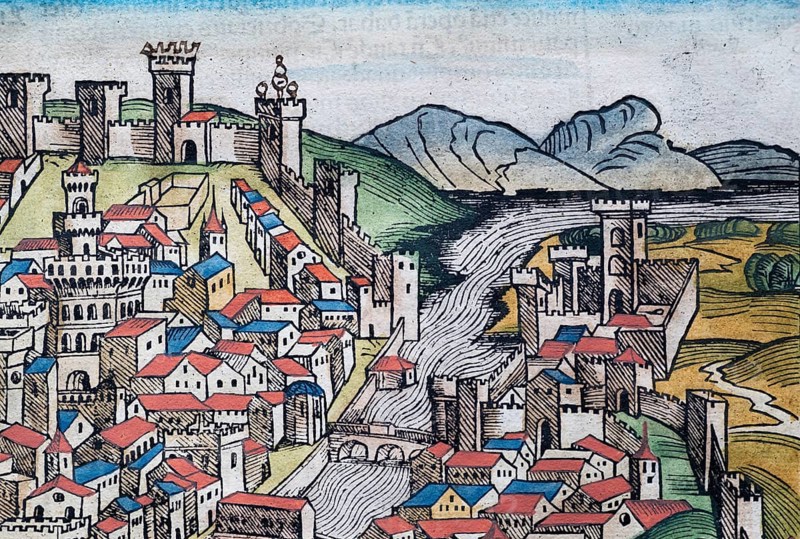 Detail of the old town of Florence or Florencia with the river Arno, colored woodcut from: Nuremberg Chronicle or Schedel World Chronicle, Hartmann Schedel 1493