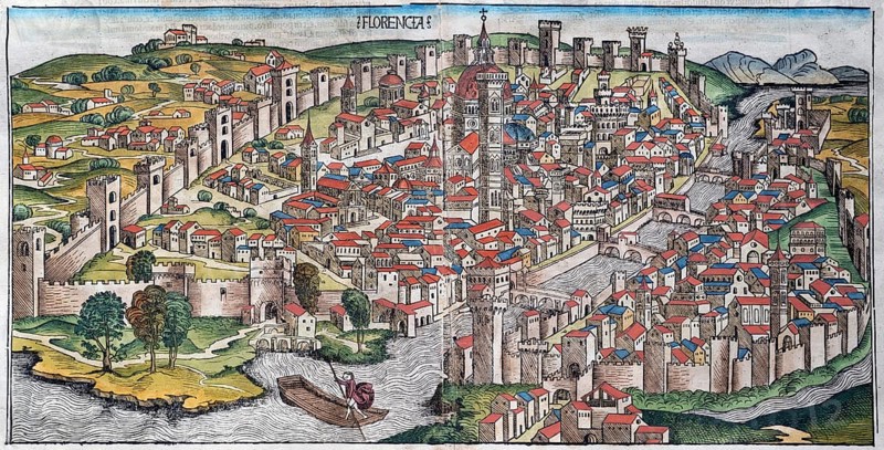 Old town of Florence or Florencia with river Arno, Florence Cathedral or Duomo di Firenze, colored woodcut from: Nuremberg Chronicle or Schedel World Chronicle, Hartmann Schedel 1493
