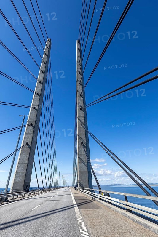 Roadway on the Öresund Bridge, Øresundsbrön, world's longest cable car bridge, connecting Copenhagen with Malmö, Denmark, Sweden
