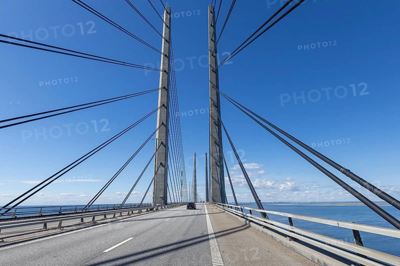 Roadway on the Öresund Bridge, Øresundsbrön, world's longest cable car bridge, connecting Copenhagen with Malmö, Denmark, Sweden