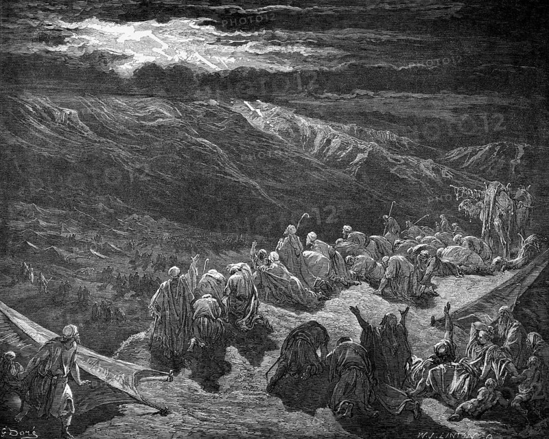 The third day on Mount Sinai, story, exodus, Second Book of Moses, chapter 19, verse 16, Bible, Old Testament, dark sky, darkness, lightning, people waiting, crowd, expectation, curiosity, impatience, arms raised, camel, tent, mountain landscape, sound of a ram's horn, historical illustration based on Gustave Doré around 1880