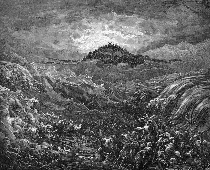 Sinking of the pharaoh in the red sea, story, exodus, second book of Genesis, chapter 14, verse 28, Bible, Old Testament, Egypt, Red Sea, rider, army, drowning, death, misery, Mount Sinai, fall, tidal wave, water falls, God, wrath, historical illustration after Gustave Doré around 1880