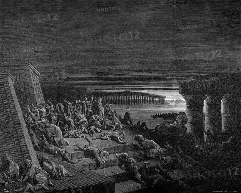 Darkness in Egypt. story, Exodus, Second Book of Moses, chapter 10, verse 22, Bible, Old Testament, God, command, order, deep darkness, nationwide, despair, fear, pain, temple complex, steps, crocodiles, predator, chaos, death, Nile, historical illustration after Gustave Doré around 1880