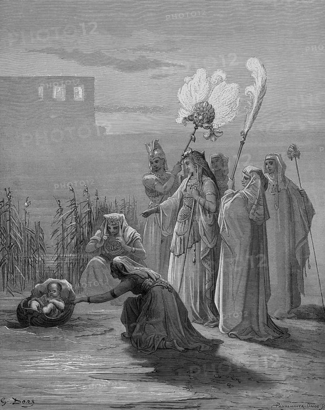 Moses wonderful preservation, Pharaoh's daughter rescues Moses from the Nile, story, exodus, second book of Moses, chapter 2, verse 6, Bible, Old Testament, shore, reeds, swimming, basket, finding, daughter with entourage, woman, Hebrew child, crying, compassion, care, love, parasol, fan, historical illustration after Gustave Doré around 1880