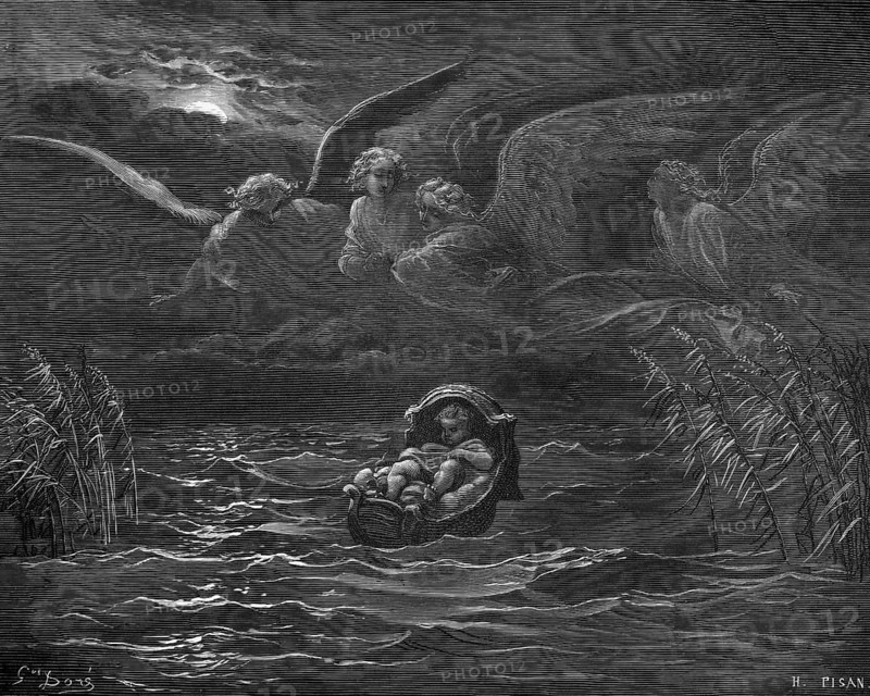 Moses suspension in reeds on the banks of the Nile, story, exodus, second book of Moses, chapter 2, verse 3, Bible, Old Testament, suspend, leave, basket of papyrus, swimming, baby, guardian angel in heaven, waves, wind, drift, hiding, lonely, motherly love, hardship, historical illustration based on Gustave Doré around 1880