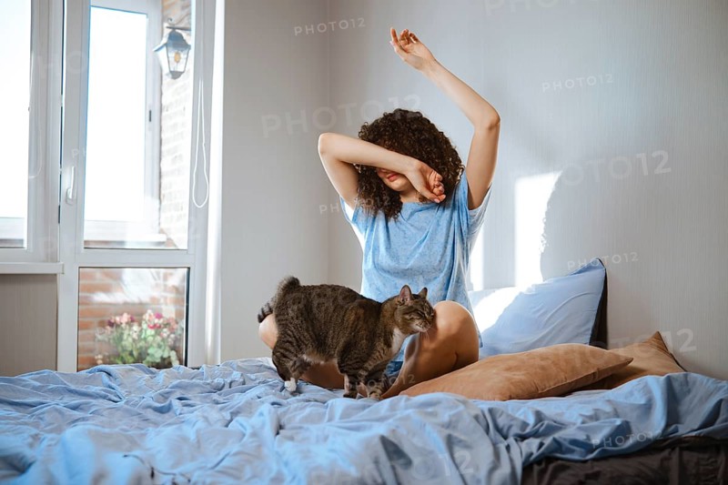 Young woman is sitting on a bed and stretches her arms in a room with light coming through a window. The cat is walking around the bed. This scene shows a morning routine in a cozy space
