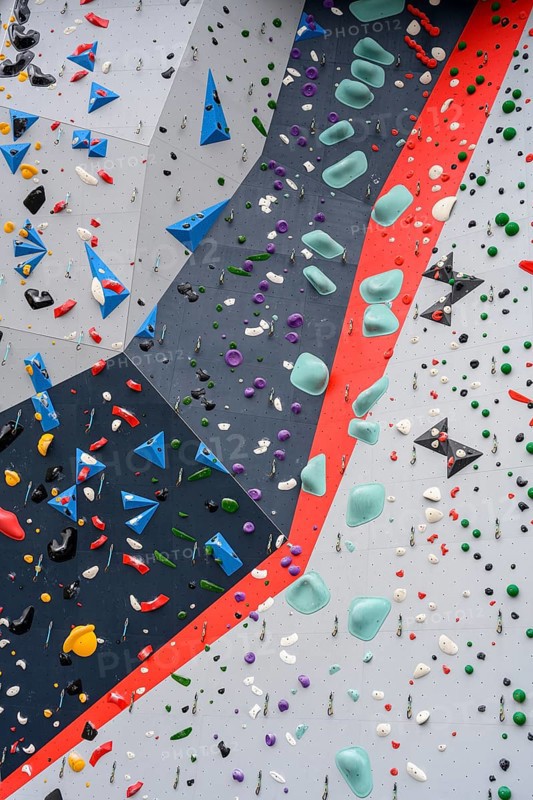 Colourful climbing wall with various grips and levels of difficulty, Radolfzell am Lake Constance, Konstanz district, Baden-Württemberg, Germany